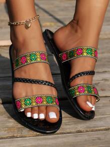 Women's Floral Embroidered Woven Strap Slip-On Flat Slippers, Suitable For Casual Wear, Travel And Beach - Green - View 5