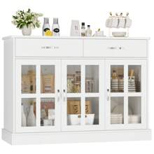 Furchen Credenza Cucina, Mobile Cucina Dispensa, Buffet Mobile, Credenza, Vetrina da Soggiorno, con 3 Ante in Vetro, 2 Cassetti, Ripiani Regolabili, Legno e Vetro, Bianco, 120x40x84 cm