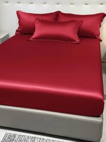 1入組緞面純色床墊套+1入組酒紅色冰絲床單套裝,床上用品供應 - 彩色 - 查看 2