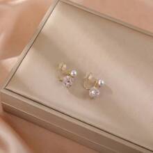 1pair Fashionable Faux Pearl & Cubic Zirconia Short Clip On Ear Cuffs For Women, Small & Versatile Accessories Suitable For Daily Wear, Wedding & Bride Without Ear Holes