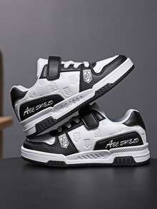1 Pair Boys' Letter Print Leather-Surfaced Waterproof Casual Comfortable Flat Outdoor Black & White Athletic Shoes, Suitable For Spring & Autumn - Black and White - View 1