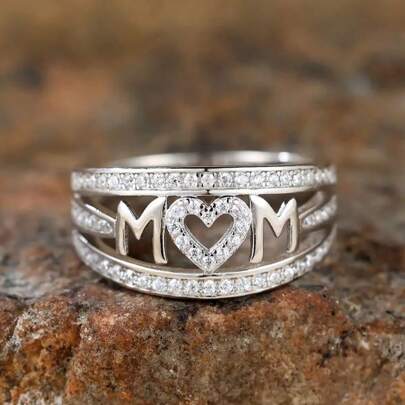 1pc Exquisite Solid Silver Hollowed "MOM" Letter & Heart Shape Paved Rhinestone Ring For Women, Ideal Gift For Dating, Party, Mother's Day Or Mom's Birthday Valentines
