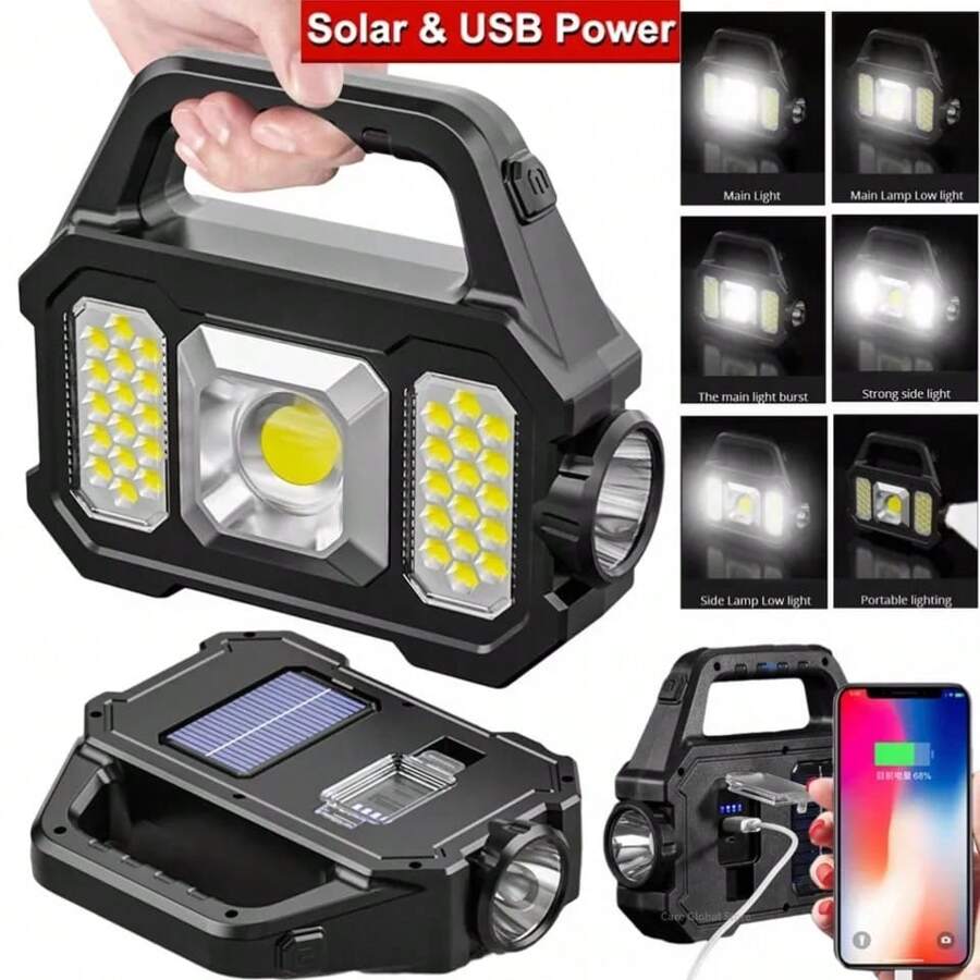 Lanterna solar Recarregável led À Prova D'água Lâmpada De Trabalho De Busca Longa Alcance Luz De Emergência De Alta Potência Forte mt049 - 4 - Preto - Visão 1