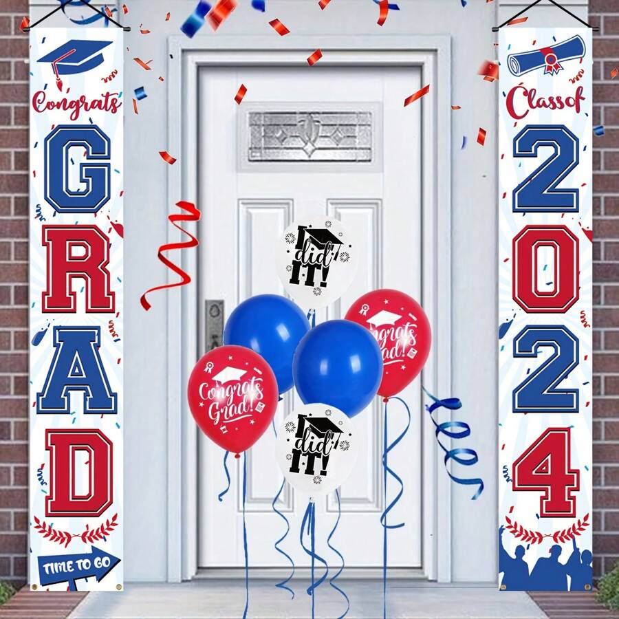 2 Pièces, Bannière De Panneau De Porche De Remise Des Diplômes 2024, Bannière De Porte De Panneau De Porche De Remise Des Diplômes Bleue Et Rouge, Drapeau De Bannière Suspendue De Félicitations De Classe De 2024 Pour L'obtention Du Diplôme De Lycée Et Université. Décorations De Fête - Multicolore - Voir 1