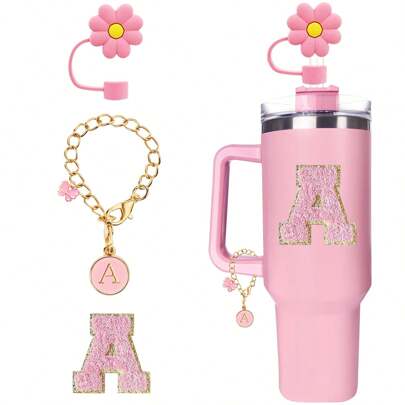 3入組矽膠字母吸管套,設計於30&40安士杯子配件,包含名字、身分證字母手柄吸管飾品和自粘束毛字母(pink)