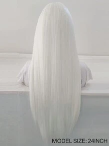 13x4自然白直卷合成纖維蕾絲前面盤髮型,無需使用膠水,為女性配備具熱阻纖維髮型 - 白色 - 查看 6