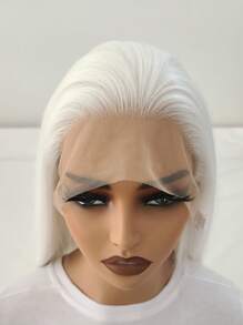 13x4自然白直卷合成纖維蕾絲前面盤髮型,無需使用膠水,為女性配備具熱阻纖維髮型 - 白色 - 查看 5