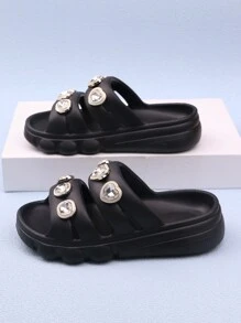 Girls' Slip-Resistant Diamond Decor Outdoor Slippers, Hollow-Out Design Toddler Sandals For Summer Beach
