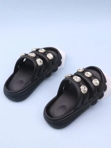 Girls' Slip-Resistant Diamond Decor Outdoor Slippers, Hollow-Out Design Toddler Sandals For Summer Beach