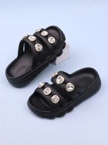 Girls' Slip-Resistant Diamond Decor Outdoor Slippers, Hollow-Out Design Toddler Sandals For Summer Beach