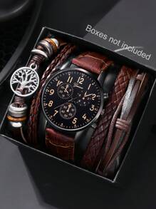 4 Peças/Conjunto Relógio Masculino com Pulseira de Couro PU Marrom, Mostrador Redondo Casual e Ponteiro de Quartzo, Com Acessórios de Cordão de Couro, Adequado para Uso Diário, Temporada de Volta às Aulas, Temporada de Formatura, Ação de Graças, Casais, O Melhor Presente (Caixa de Relógio Não Incluída)