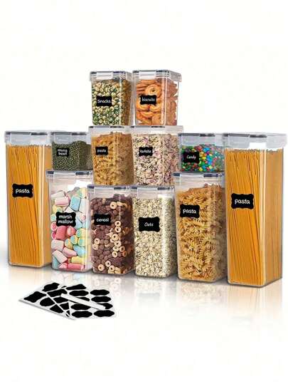 THELIFE 4/6/10/24入組密封食品儲存容器帶蓋子,廚房和儲物室用塑料儲物容器,乾糧收納罐頭：麵粉,糖和穀物,含標籤和廚房用具