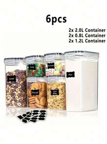 THELIFE 4/6/10/24入組密封食品儲存容器帶蓋子,廚房和儲物室用塑料儲物容器,乾糧收納罐頭：麵粉,糖和穀物,含標籤和廚房用具 - 黑與白 - 查看 7