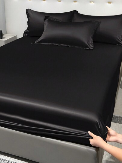 1pc Satin Solid Color Fitted Sheet, Bedroom Black Ice Silk Bed Cover, Bedding