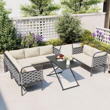 Nestfair 5-Piece Modern Patio Sectional Sofa Set With Glass Table And Cushions