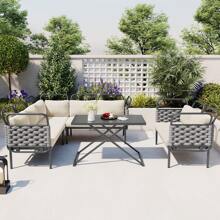 Nestfair 5-Piece Modern Patio Sectional Sofa Set With Glass Table And Cushions