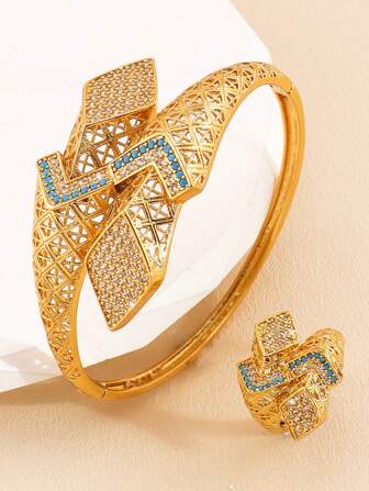 2 st. Mode Kubik Zirkonium Armband Smycken Set Blå Turkos Dekorerad Guldpläterad Koppar Armband Och Ring Kan vara Öppnad Lämplig För kvinnor Till Bär Daglig Party Brud Presenter