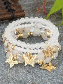 4入組波西米亞風格時尚多層彈性手鍊，創意裝飾水晶、蝴蝶、仿珍珠和珠子，作為女性生日或派對禮物完美 - 米色 - 查看 11