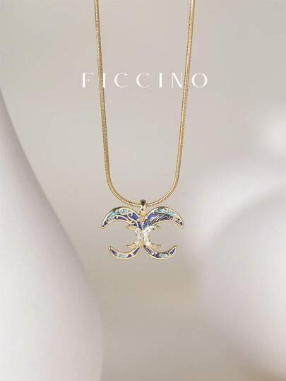  FICCINO Double Moon Creative Pendant, Gold-Plated Pendant Jewelry, Titanium Steel Gold-Plated Snake Chain Necklace For Women, Everyday Versatile Choker Necklace, Gift For Friends, Family, Anniversary, Holiday, Christmas, Comes With Box