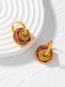 1pair 18k Gold-Plated Vintage Enamel Colorful Circle Earrings With Flower Pattern, Perfect Gift For Mother's Day - Red - View 18