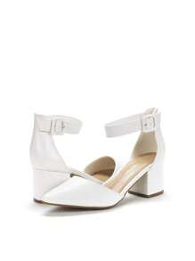 Women Pointed Toe Low Chunky Heels Pumps Ankle Strap Elegant Simple Shoes - 白色 - 查看 6