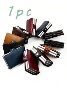 防RFID金屬雙層扣男士卡片套小型卡片皮夾皮革薄款錢包防盜刷防磁化PU皮革扣信用卡袋多卡槽簡易信用卡存儲袋極簡主義錢包男士ID窗口-男士薄型推出式鋁合金卡片套-理想禮品-商務休閒 - 黑色 - 查看 2