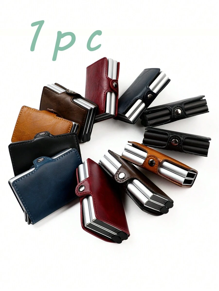 防RFID金屬雙層扣男士卡片套小型卡片皮夾皮革薄款錢包防盜刷防磁化PU皮革扣信用卡袋多卡槽簡易信用卡存儲袋極簡主義錢包男士ID窗口-男士薄型推出式鋁合金卡片套-理想禮品-商務休閒