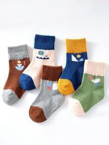 5對/組男孩漫畫和幾何圖案的中筒襪,適合學生日常穿著,適合所有季節 - 彩色 - 查看 6