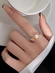 一件S925純銀輕奢精品淡水珍珠戒指女款韓版高端蝴蝶開口簡約母親節嘉年華婚禮母親節禮物 - 金色 - 查看 4