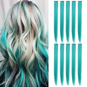 5/10Pcs Hair Extensions Clip In, Colored Party Synthetic Neon Highlights Extensions, Rainbow Hair Accessories For Girls Women Doll Hair Pieces