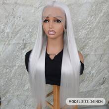 26 Inches Long Straight Silver Gray Soft Synthetic Lace Front Wigs With Baby Hair Free Part Pre Plucked Natural Hairline Glueless Heat Resistant Fiber Replacement Frontal Lace Wigs Women Party Holiday Makeup Use Daily Wear - 銀色 - 查看 4