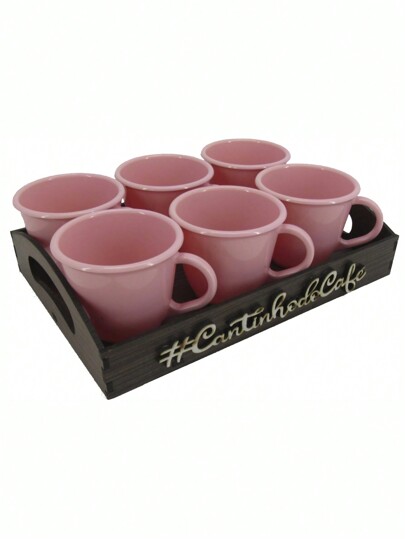 Kit 6 Xícaras Acrílica Com Bandeja Cantinho do Café MDF