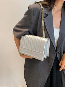 压纹条纹纯色翻盖链条校园钻石形链条时尚单肩包 - 銀色 - 查看 6