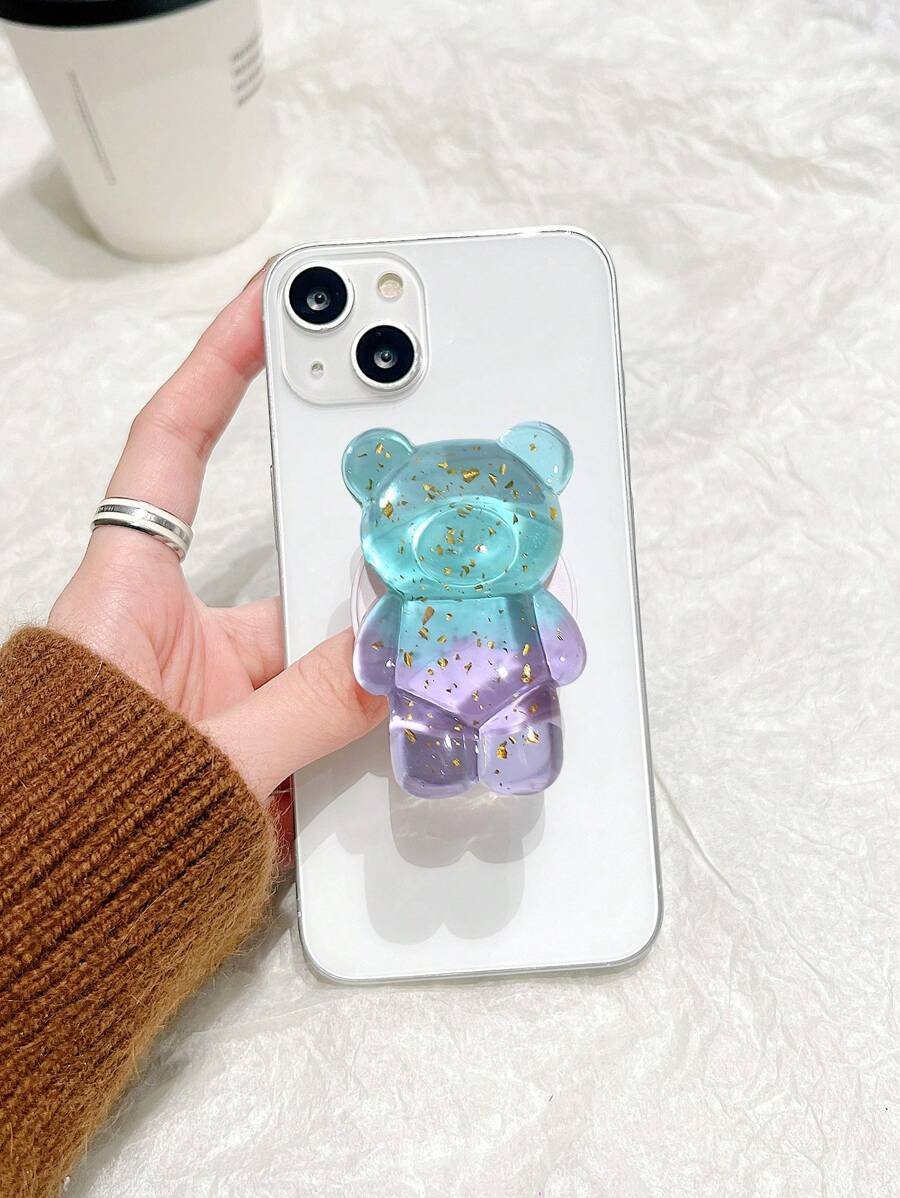 1 件可爱闪光熊手机握把支架 - 韩式可折叠环和弹性插座支架适用于所有智能手机和平板电脑兼容 、Android 手机，生日、家人、朋友的礼物推拉式手机握把、手机支架、手机配件 - 彩色 - 查看 1