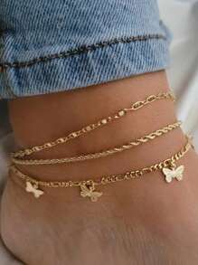 3入組女式時尚簡約蝴蝶吊墜扭曲鏈金屬腳鏈,假日聚會約會禮物,日常佩戴,沙灘度假風格 - 金黃色 - 查看 3