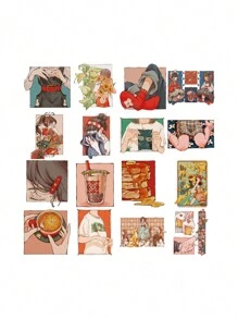 50 张复古日式女孩插画贴纸、浪漫假期、漫画、花卉设计空白空间日记装饰材料纸、办公室和文具、派对礼品、卡片制作、剪贴簿、DIY 纸艺装饰、学校用品、返校 - 彩色 - 查看 6