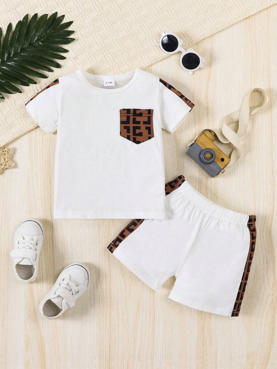 2 szt./zestaw Szorty i koszulka z krótkim rękawem dla chłopca z blokami kolorów, lato