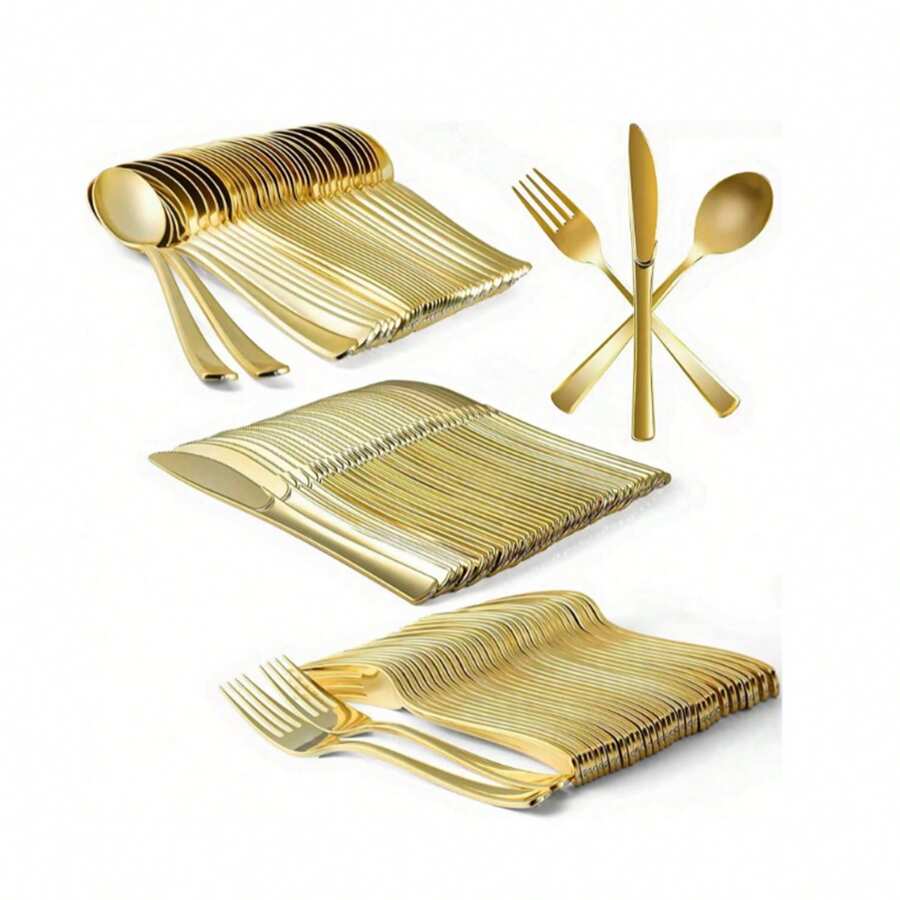 150pcs Gold Disposable Cutlery Set, Including 50 Knives, 50 Forks, 50
