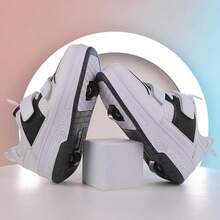 儿童户外时尚运动鞋，适合步行、轮滑，采用弹力皮革和便捷的魔术贴搭扣，简约风格 - 黑與白 - 查看 3