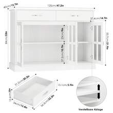 Furchen Credenza Cucina, Mobile Cucina Dispensa, Buffet Mobile, Credenza, Vetrina da Soggiorno, con 3 Ante in Vetro, 2 Cassetti, Ripiani Regolabili, Legno e Vetro, Bianco, 120x40x84 cm