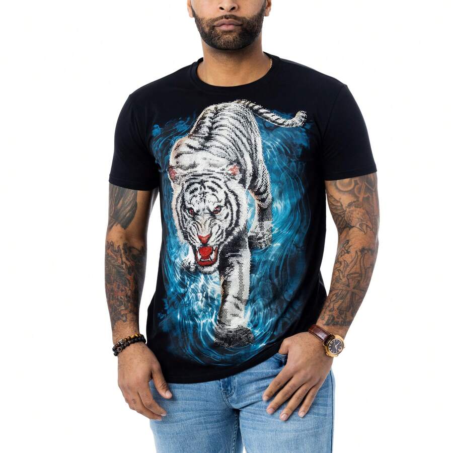 Men's Rhinestone T-Shirt Tiger On Water - 黑色 - 查看 1