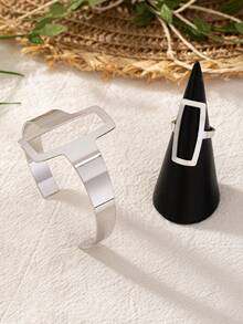 1套時尚豪華極簡風系列中空金屬開口戒指手鍊，適合女性日常佩戴 - 金黃色 - 查看 3