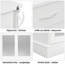 Furchen Credenza Cucina, Mobile Cucina Dispensa, Buffet Mobile, Credenza, Vetrina da Soggiorno, con 3 Ante in Vetro, 2 Cassetti, Ripiani Regolabili, Legno e Vetro, Bianco, 120x40x84 cm