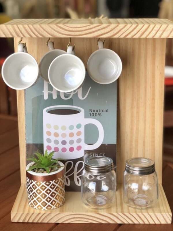 Porta Xícara e Condimentos em Madeira - Suporte Organizador