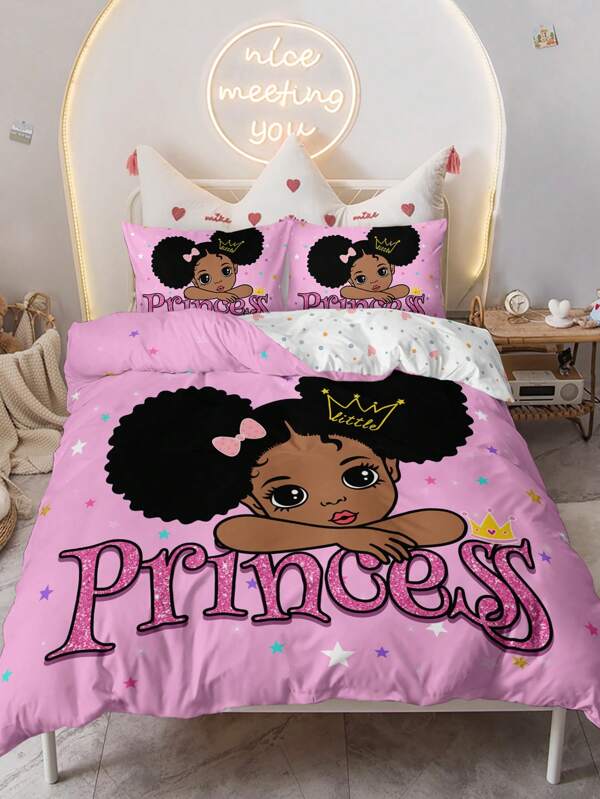 3pcs/Set Cartoon Girl Crown & Letter Printed Duvet Cover Set (1 Duvet Cover + 2 Pillowcases, Not Including Filling), High Definition Printed Home Bedding Set,Valentine's Day
