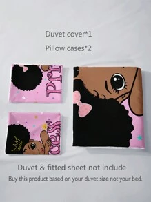 3pcs/Set Cartoon Girl Crown & Letter Printed Duvet Cover Set (1 Duvet Cover + 2 Pillowcases, Not Including Filling), High Definition Printed Home Bedding Set,Valentine's Day