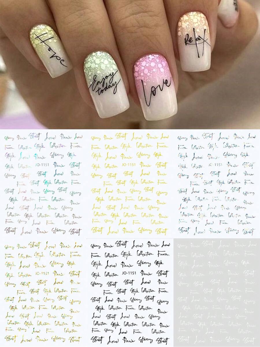 6 miếng dán chữ cái tiếng Anh, thiết kế chữ vàng và bạc khắc laser, miếng dán tự dính cho móng tay dạng gel, trang trí móng tay thời trang và lãng mạn. - Nhiều màu - Xem 1