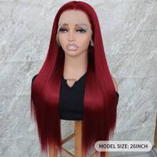 Long Silky Straight Red Synthetic Lace Front Wigs Pre Plucked With Natural Hairline For Fashion Women Girls Party Daily Wear Heat Resistant Fiber Hair Wine Red Glueless Replacement Wig 26 Inches 180% Full Density - 酒紅色 - 查看 4
