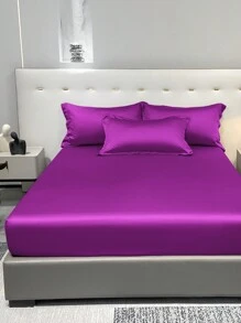 1 tấm ga trải giường màu trơn Satin, có ga trải giường bằng lụa tím đậm, Bộ chăn ga gối đệm - Nhiều màu - Xem 5