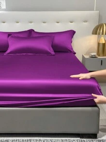 1 tấm ga trải giường màu trơn Satin, có ga trải giường bằng lụa tím đậm, Bộ chăn ga gối đệm - Nhiều màu - Xem 4